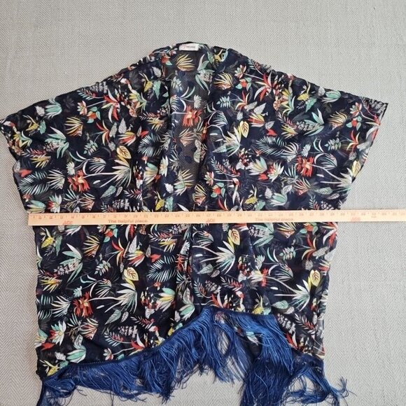 Soul Young Navy Blue Floral Fringed Shawl Cover Up Duster Bohemian Rocker EUC - Picture 6 of 11